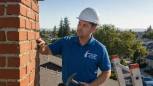 Chimney inspector examines brick chimney on residential rooftop with elevated view of neighborhood.