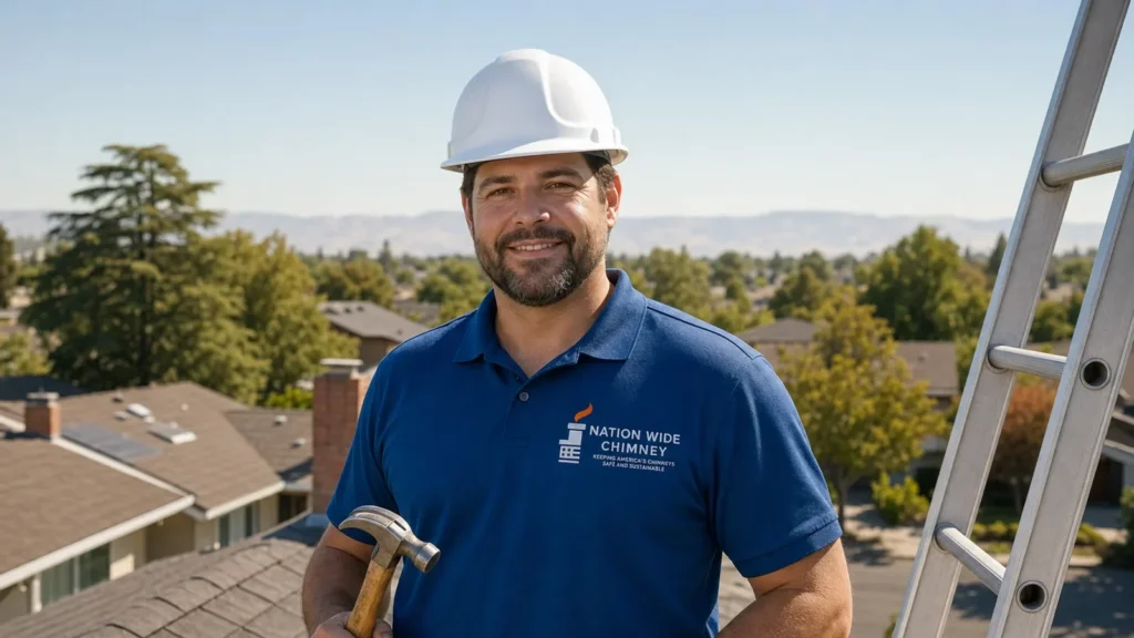 Professional chimney technician on rooftop with tools and white hard hat