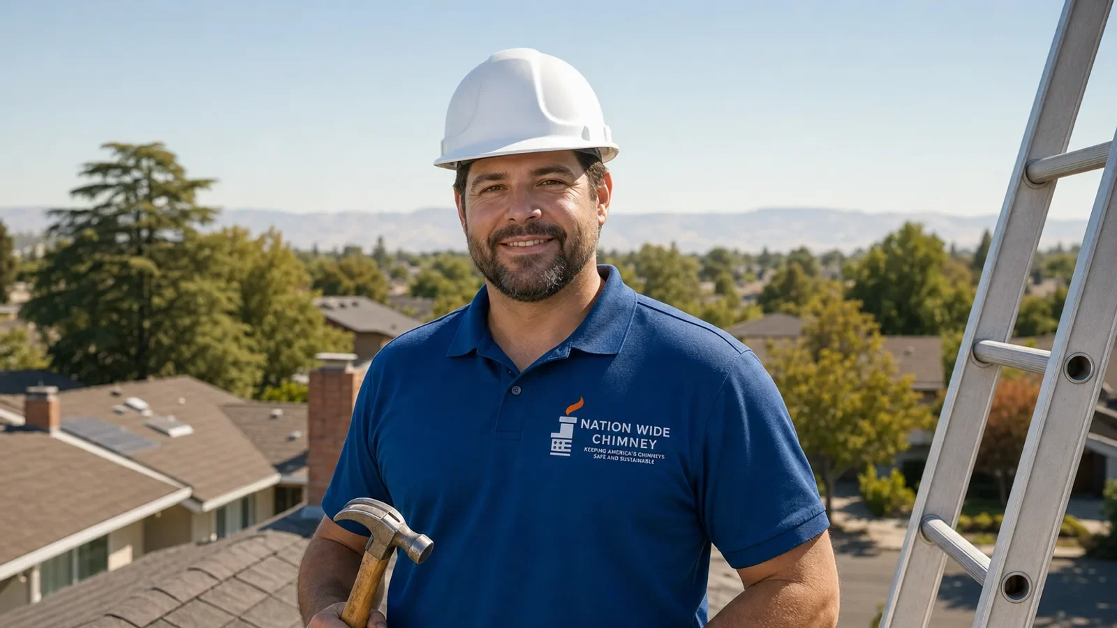Professional chimney technician on rooftop with tools and white hard hat