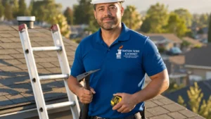 Professional chimney technician on residential rooftop with tools and ladder.
