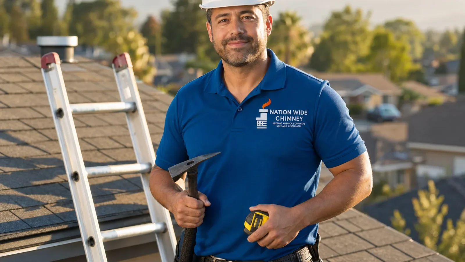 Professional chimney technician on residential rooftop with tools and ladder.