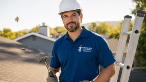 Professional chimney technician in branded uniform poses with tools on residential rooftop.