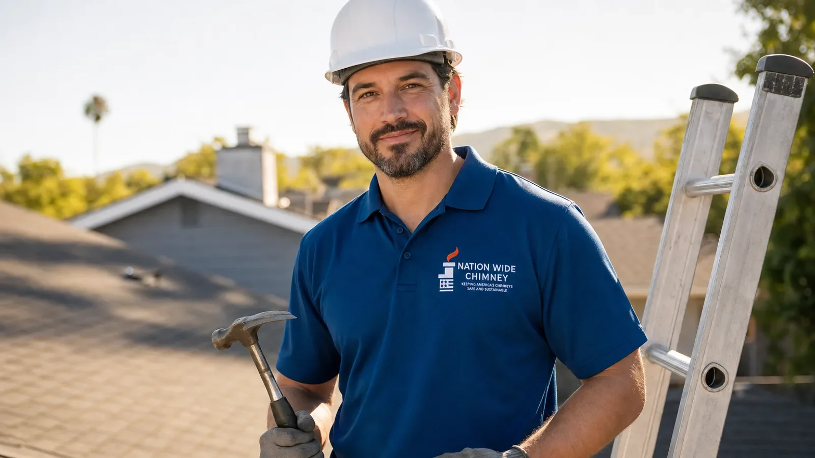 Professional chimney technician in branded uniform poses with tools on residential rooftop.