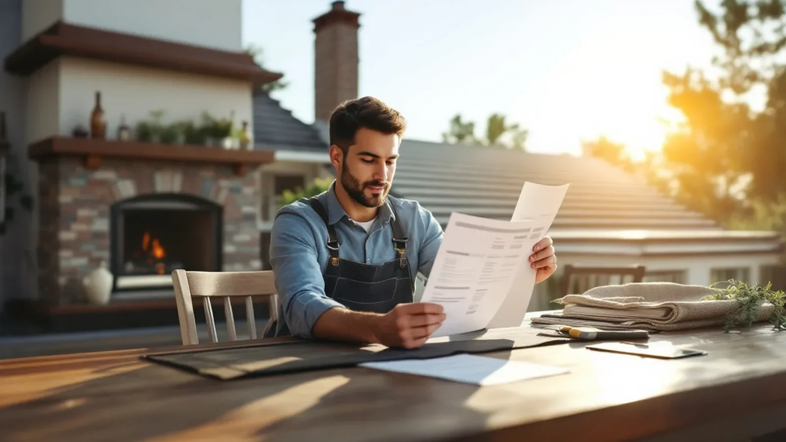 Contractor reviewing blueprints and documents at outdoor workspace with fireplace backdrop.