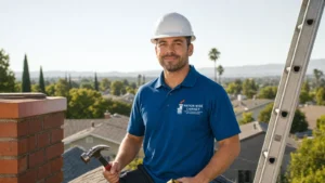 Chimney technician on rooftop holding hammer with scenic valley background.