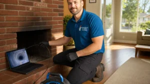 Chimney technician performs video inspection of fireplace with diagnostic equipment.