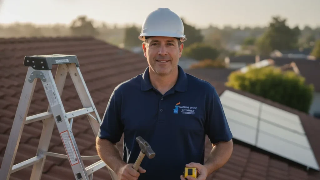 Professional chimney sweep on residential rooftop with tools and equipment.