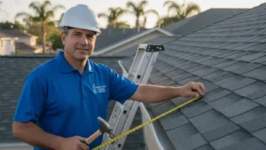 Professional roofer measuring shingles on residential roof with ladder and tools
