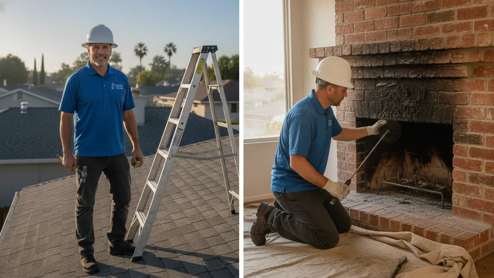 Professional contractor in blue uniform inspecting brick fireplace interior during home renovation.