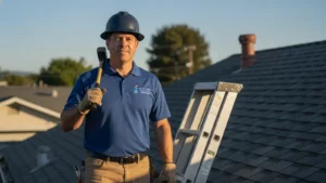 Roofing contractor with tools and ladder on residential roof site