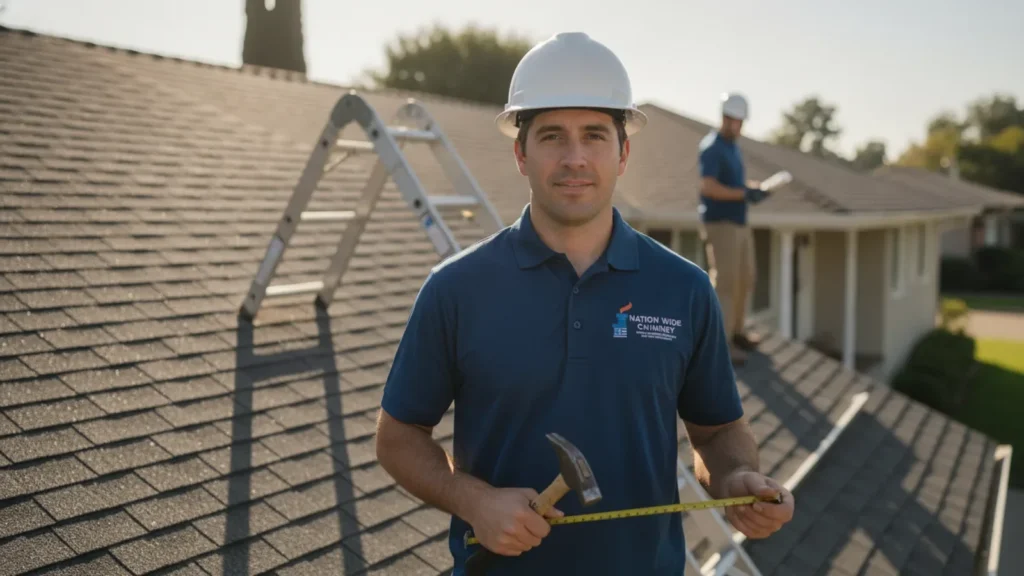 Roofing contractor holds measuring tape on residential roof with team and ladder in background.