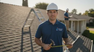 Roofing contractor holds measuring tape on residential roof with team and ladder in background.