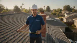 A professional chimney technician in a dark blue uniform standing on a secure ladder next to a classic red brick chimney