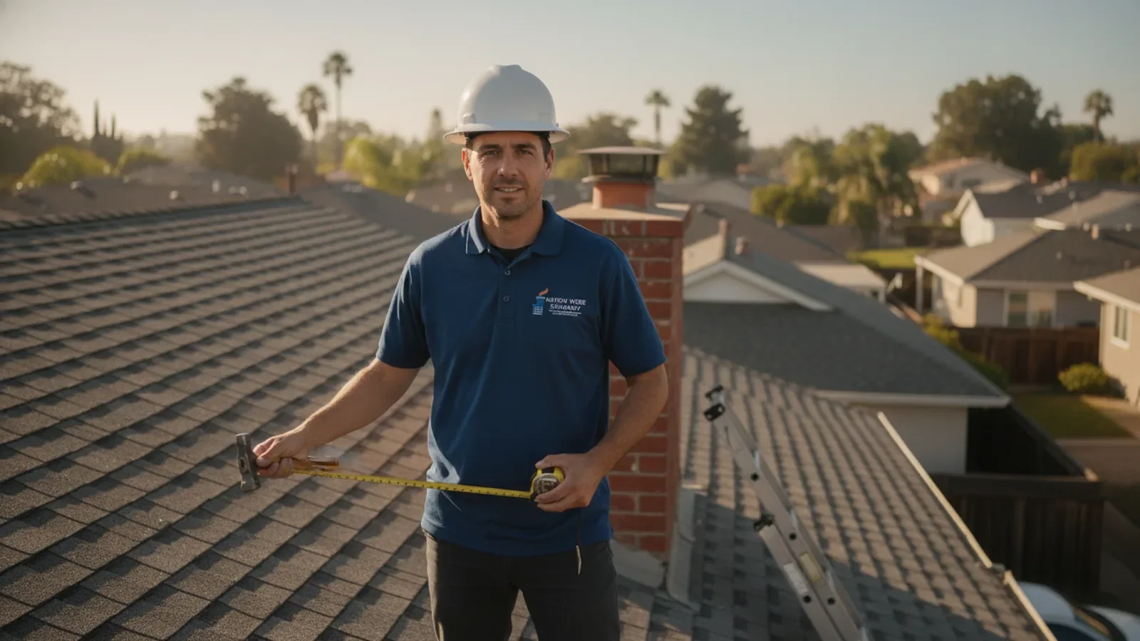 A professional chimney technician in a dark blue uniform standing on a secure ladder next to a classic red brick chimney