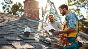 Roofing contractors review inspection checklist on residential roof with chimney visible.