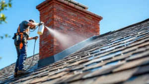 A close-up shot of a technician spraying a clear, breathable liquid repellent onto a newly restored red brick chimney un