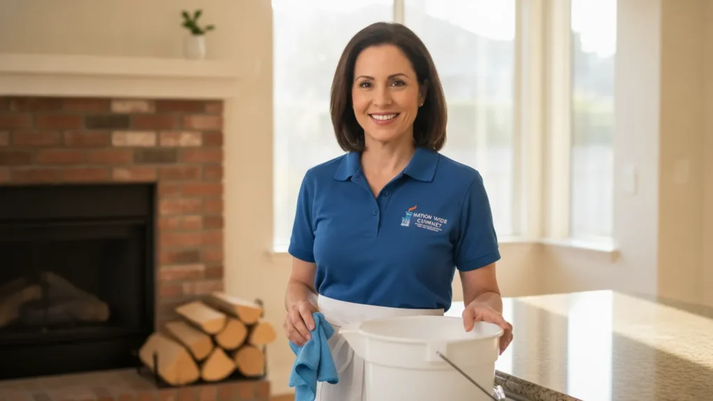 Professional cleaning service employee in blue uniform holding cleaning supplies in a residential living room.