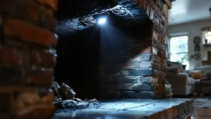 Security light illuminates brick exterior wall at night, creating dramatic shadows and architectural depth.