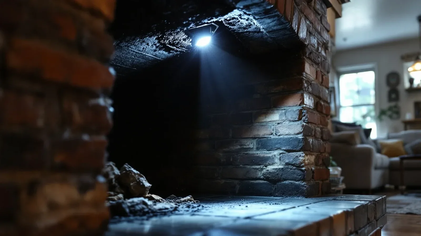 Security light illuminates brick exterior wall at night, creating dramatic shadows and architectural depth.