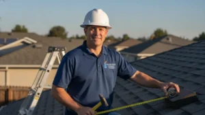 Professional roofer with measuring tape on residential roof during inspection.