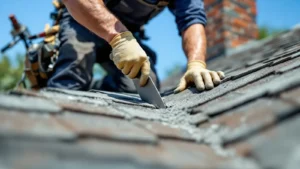 A close-up shot of a professional mason using a tuckpointing trowel to carefully press fresh, gray mortar into the joint
