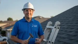 Professional chimney technician on residential roof with tools and equipment.