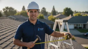Professional roofer on residential rooftop with measuring tape and tools.