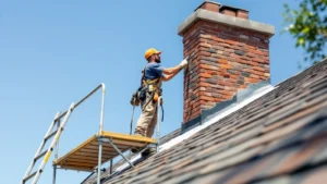 A professional masonry contractor in work clothes standing on sturdy safety scaffolding next to a mid-century brick chim