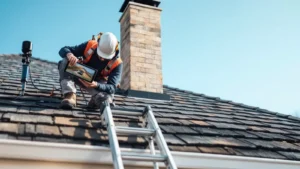 Roofing contractor inspects chimney on residential roof with diagnostic tablet.