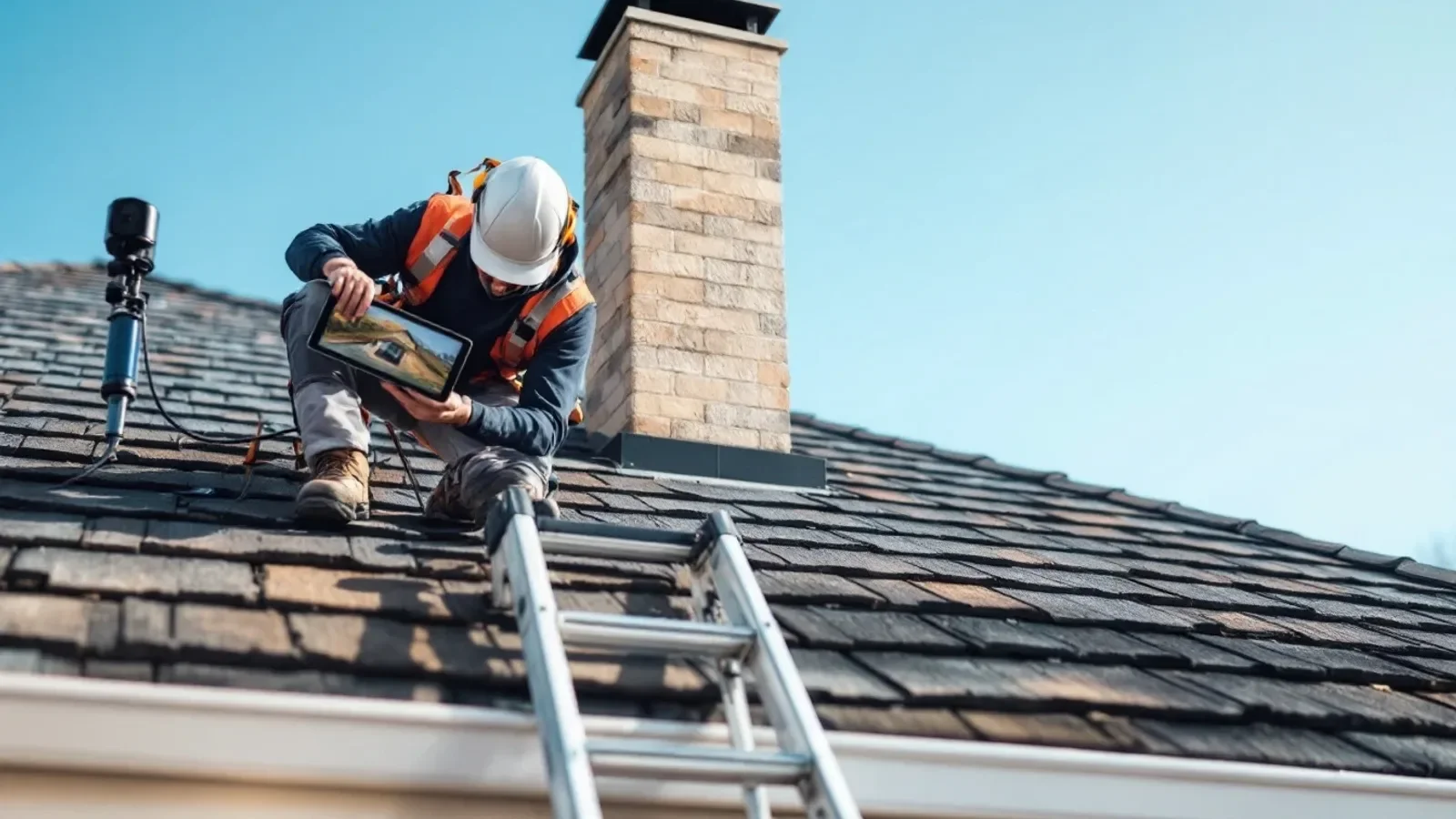 Roofing contractor inspects chimney on residential roof with diagnostic tablet.