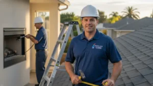 A professional chimney technician in clean work uniform using a high-definition video camera system to inspect the flue