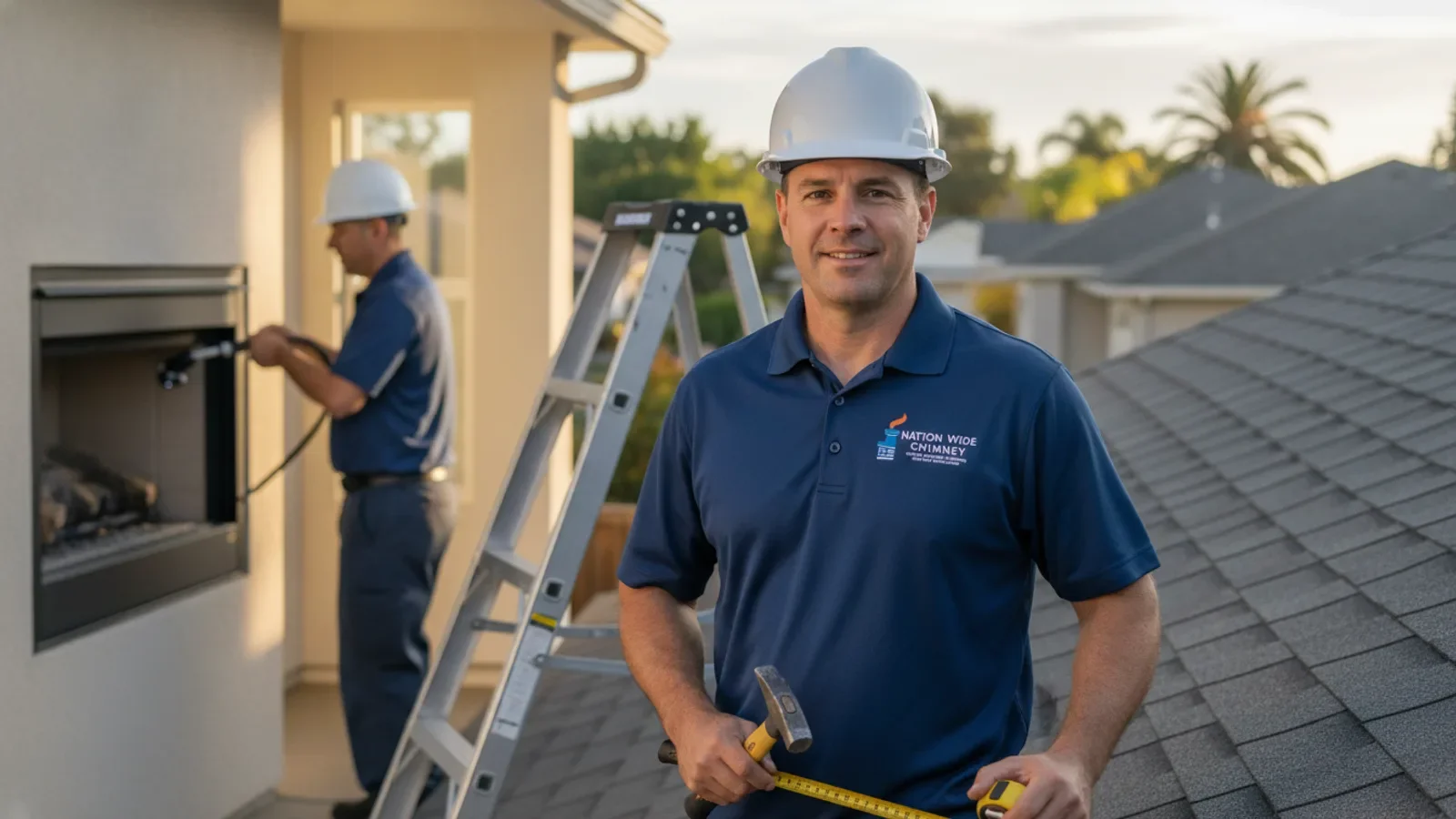 A professional chimney technician in clean work uniform using a high-definition video camera system to inspect the flue