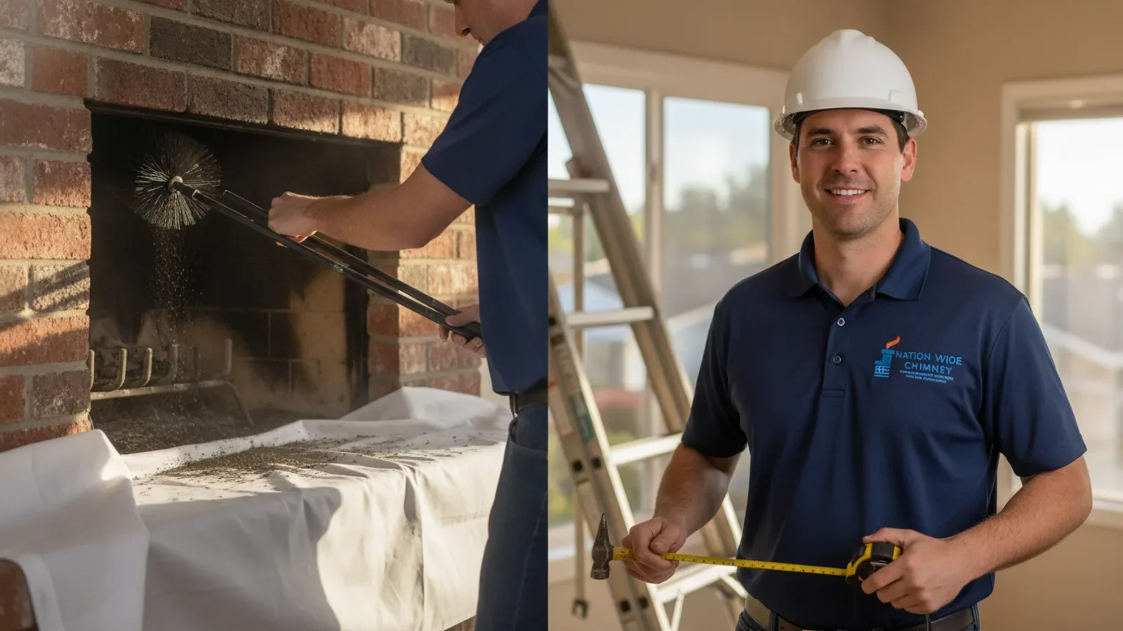 Professional chimney sweep cleaning fireplace with specialized brush equipment.