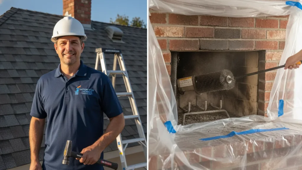 Professional chimney sweep cleaning fireplace interior with specialized brush equipment.