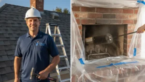 Professional chimney sweep cleaning fireplace interior with specialized brush equipment.