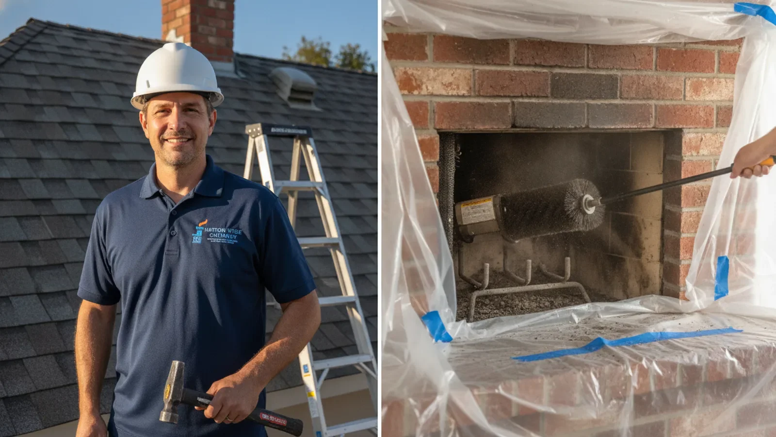 Professional chimney sweep cleaning fireplace interior with specialized brush equipment.