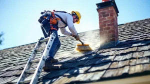 Roofing contractor cleaning roof shingles with brush and ladder on residential home.