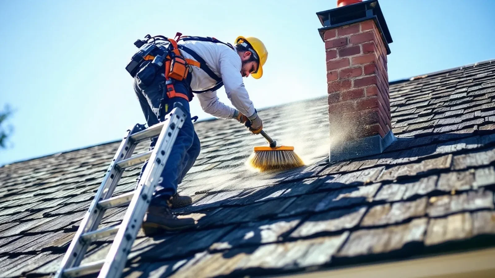Roofing contractor cleaning roof shingles with brush and ladder on residential home.