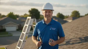 Professional chimney inspector on residential rooftop with ladder and diagnostic equipment.