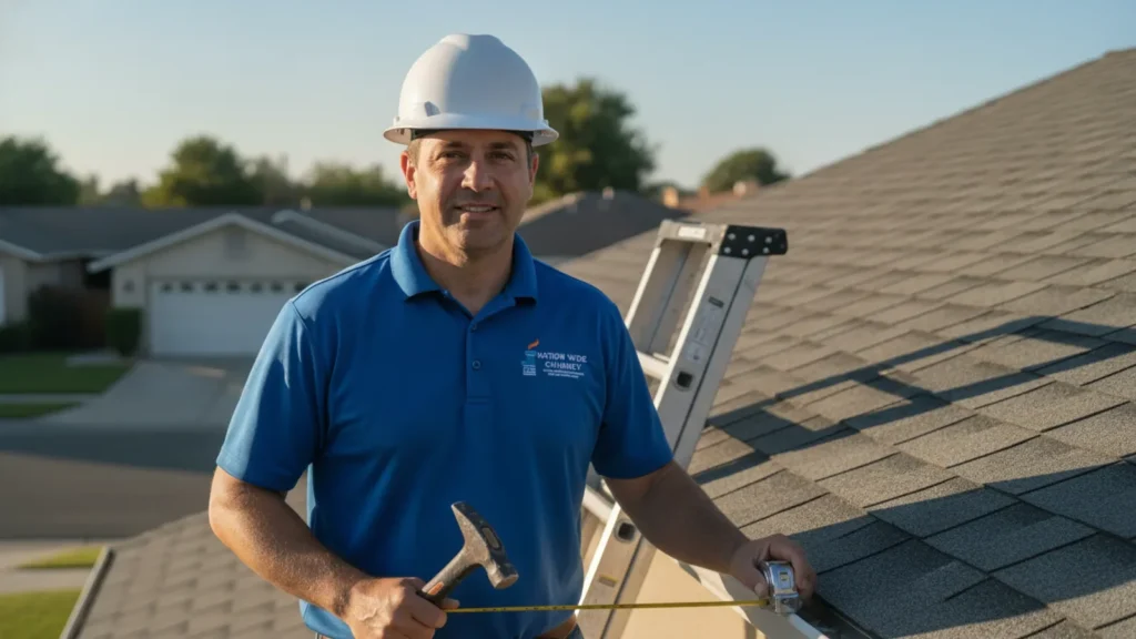 Professional roofer on residential roof with tools and ladder during daytime inspection.