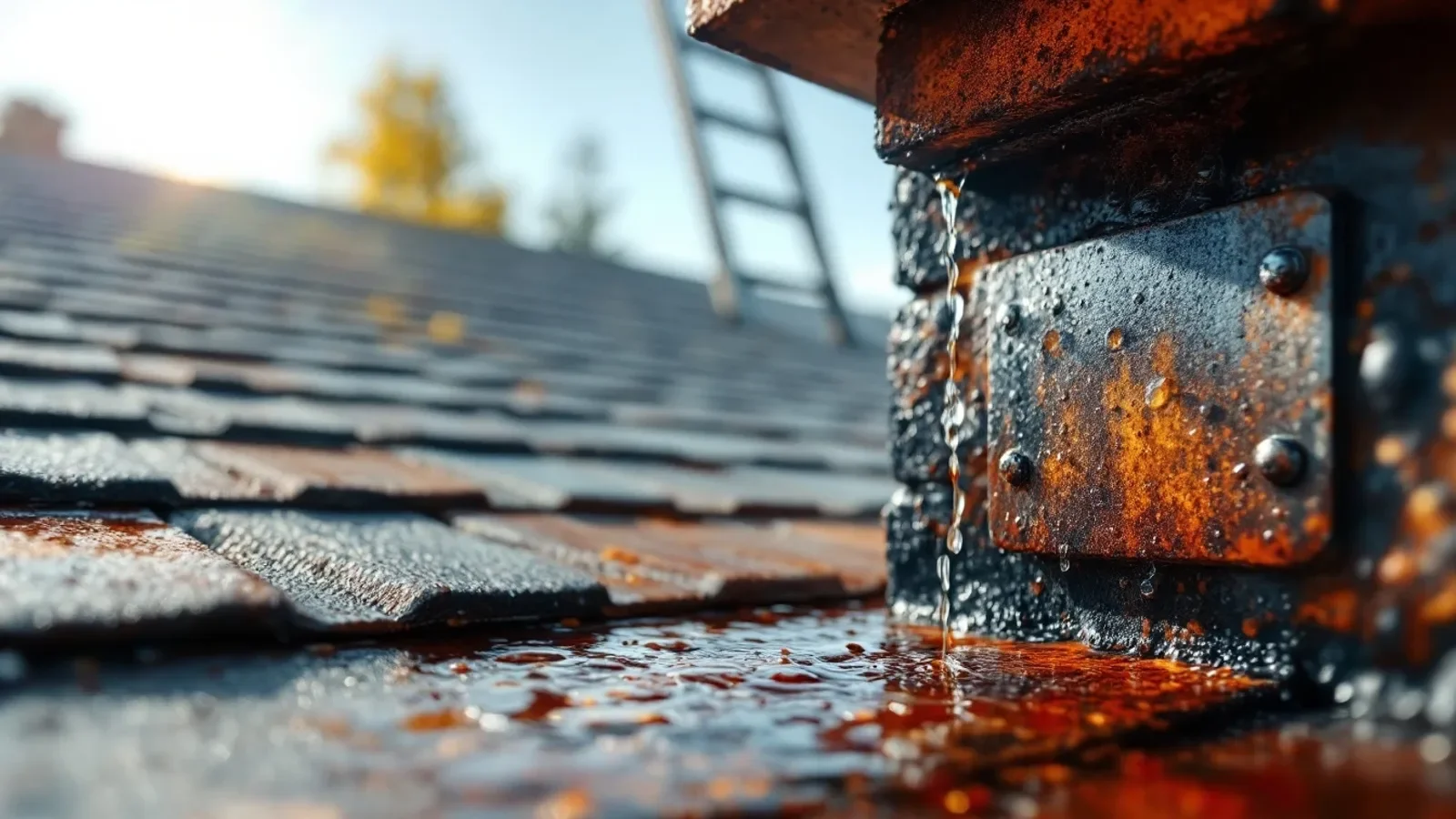 A close-up photograph of water dripping onto a rusted iron fireplace damper inside a dark brick firebox, with damp, stai
