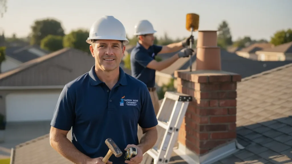 Professional chimney sweep poses on residential rooftop with crew and brick chimney.