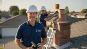 Professional chimney sweep poses on residential rooftop with crew and brick chimney.