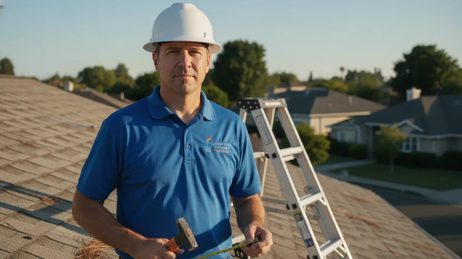 Professional chimney inspector on residential rooftop with ladder and measuring tools.