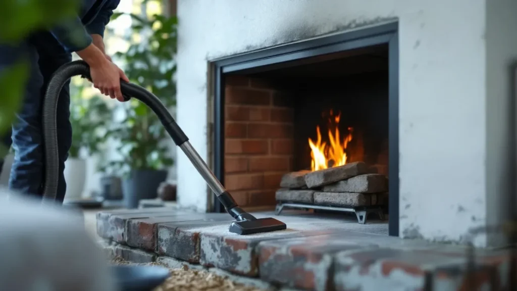 Professional chimney sweep cleaning fireplace hearth with vacuum hose during maintenance.