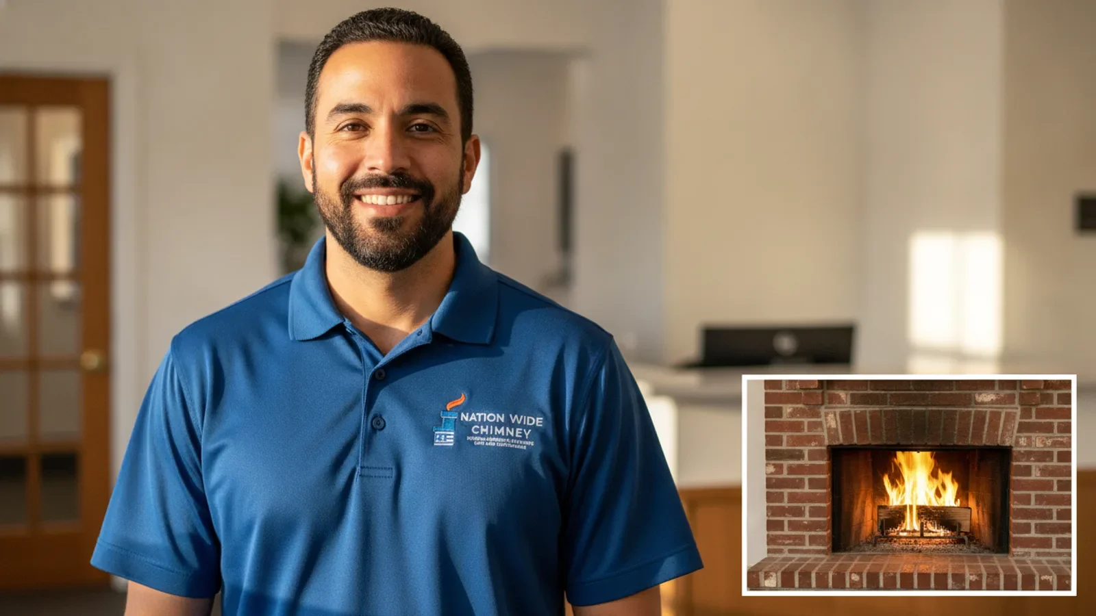 Professional chimney service technician in branded uniform smiling in modern home interior.