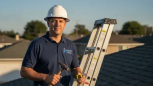 Professional contractor on rooftop with ladder and tools, ready for work.