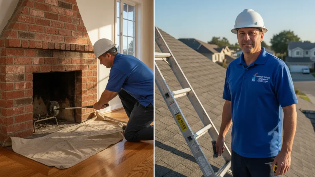 Professional chimney sweep and roofer showcase indoor fireplace cleaning and rooftop inspection services.