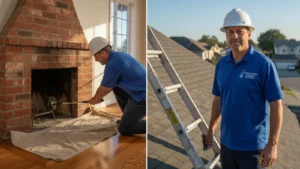 Professional chimney sweep and roofer showcase indoor fireplace cleaning and rooftop inspection services.