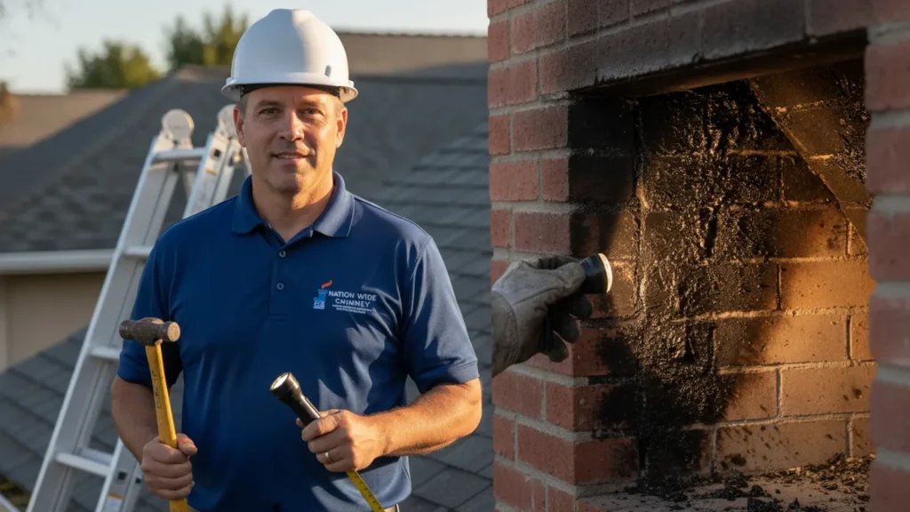 Professional chimney sweep in hard hat holds tools beside brick chimney opening.